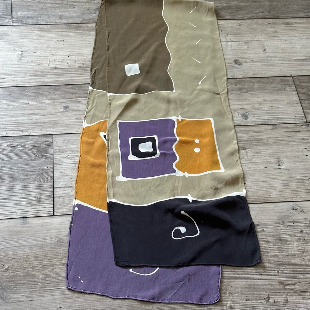 Abstract Patterned Scarf in Purple, Black, and Tan
